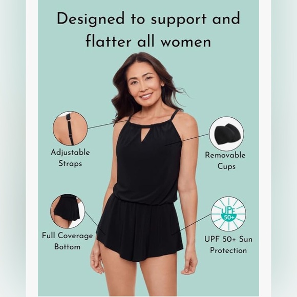 Aqua Green Women's Standard Keyhole Blouson Romper, Black Swim Romper size M - Picture 2 of 16